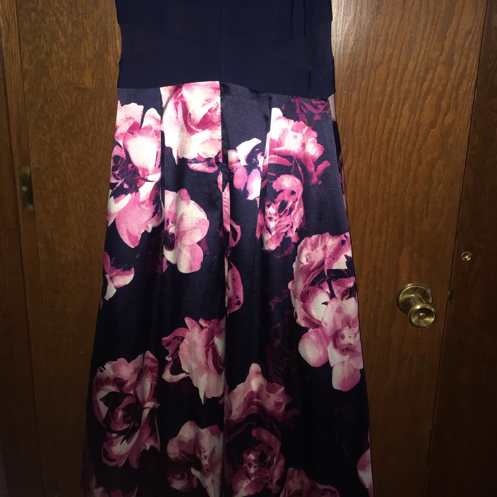 Navy blue prom dress with pink roses